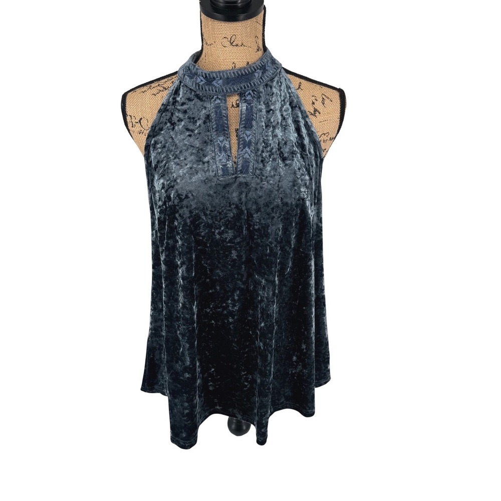 Solitaire Khosla Blue Crushed Velvet Halter Neck Keyhole Top L Cottage Witch